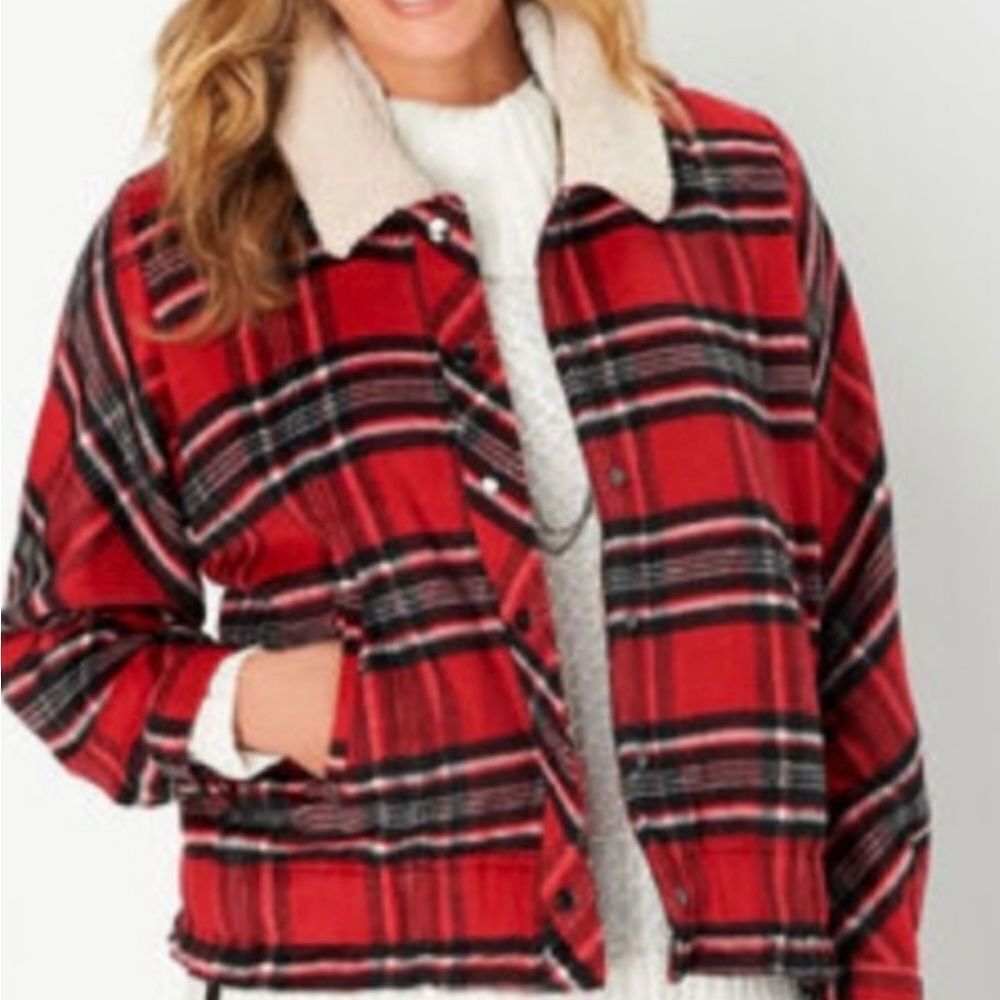 Plaid And Sherpa Button Front Shacket Jacket - image 1